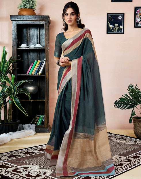 Vasthrlay Womens Printed Unstitched Dark Green Saree