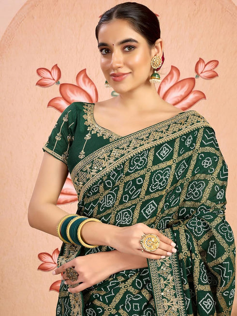 Vasthrlay Georgette Embroidery Unstitched Dark Green Saree