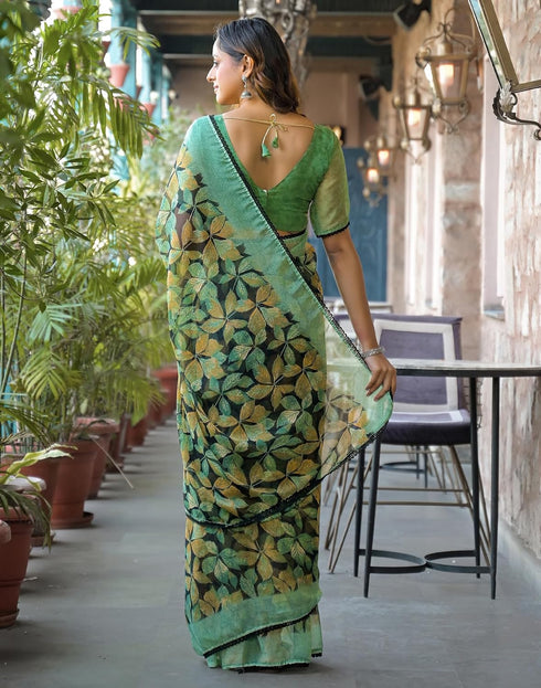 Vasthrlay Chiffon Blouse Green | Black | Multi Saree With Unstitched Blouse Piece