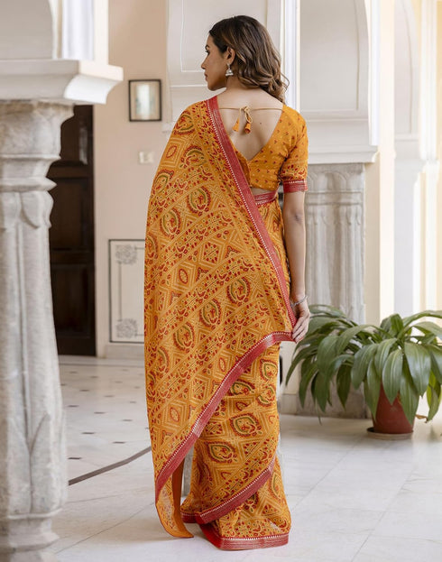 Vasthrlay Georgette Bandhani Yellow and Red Border Saree With Unstitched Blouse Piece
