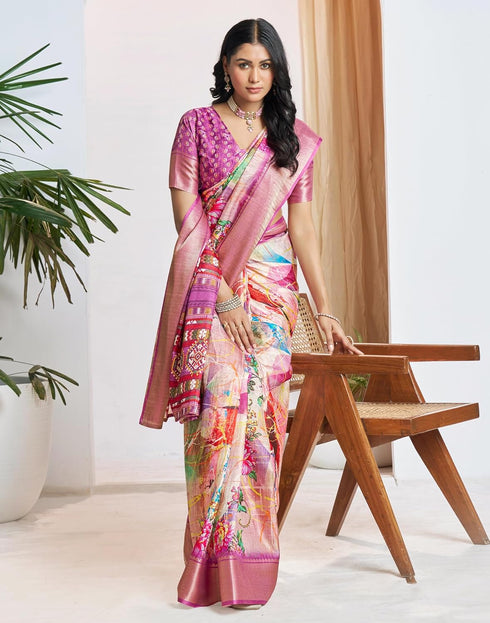 Vasthrlay Womens Printed Unstitched Beige Saree
