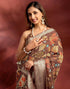 Vasthrlay Printed Jacquard Brown Saree With Unstitched Blouse Piece