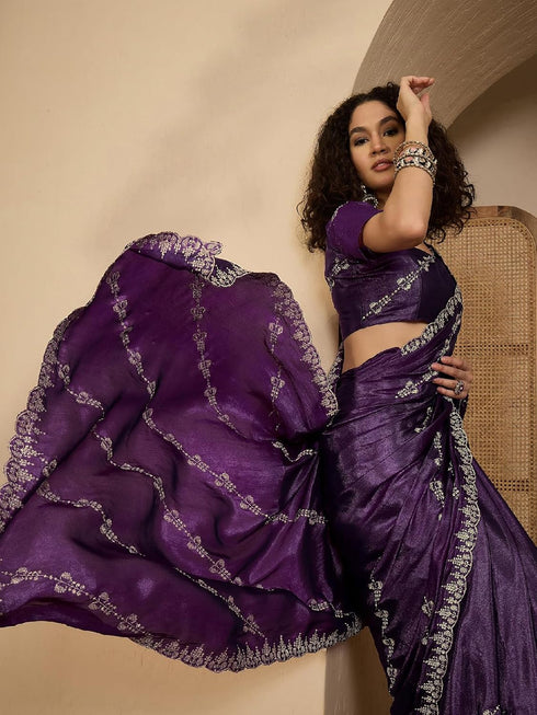 Vasthrlay Scalloped Embroidery Purple Saree