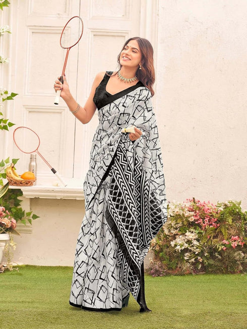Vasthrlay Womens Abstract Unstitched Off White Saree