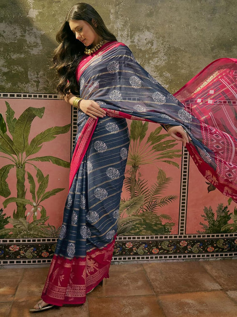 Vasthrlay Georgette Printed Unstitched Rani Pink Saree