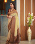 Vasthrlay Banarasi Jacquard Beige And Golden Saree With Red Unstitched Blouse Piece