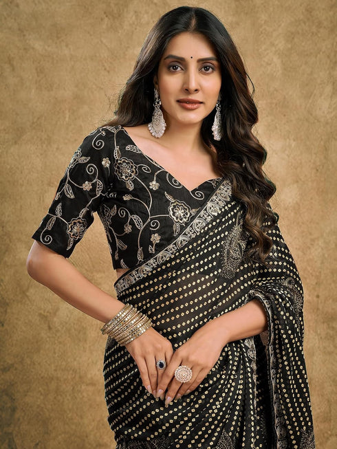 Vasthrlay Chiffon Bandhani Unstitched Black Saree