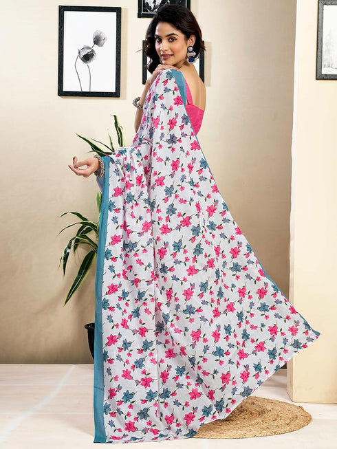 Vasthrlay Womens Printed Unstitched White Saree