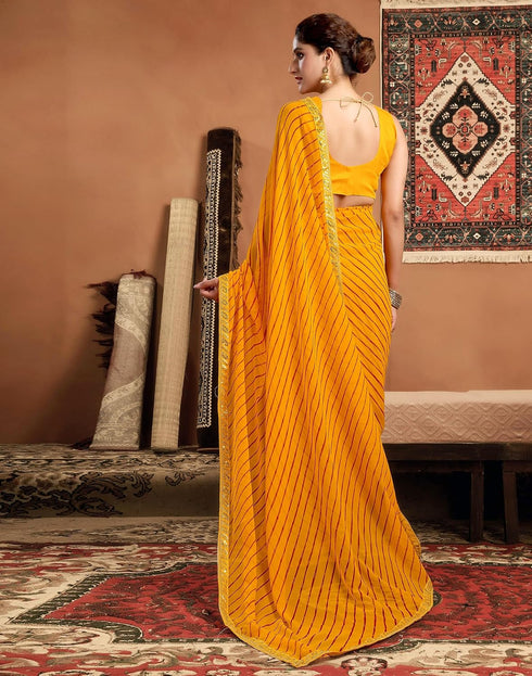 Vasthrlay Georgette Embroidery Yellow Saree With Unstitched Blouse Piece