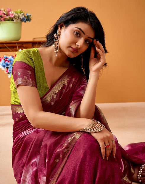 Vasthrlay Weaving Printed Unstitched Maroon Saree