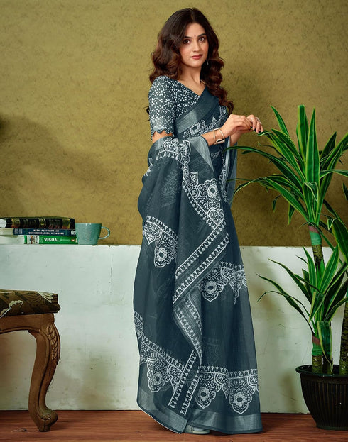Vasthrlay Womens Cotton Printed Grey And White Saree With Unstitched Blouse Piece