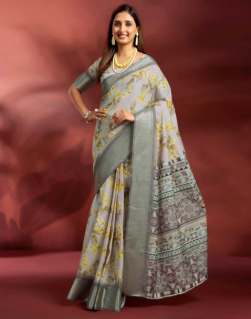 Vasthrlay Printed Jacquard Unstitched Rama Green Saree