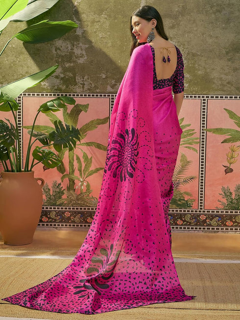 Vasthrlay Womens Printed Pink Saree With Unstitched Blouse Piece