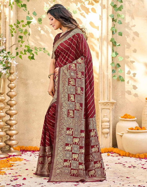 Vasthrlay Womens Weaving Maroon | Golden Saree With Unstitched Blouse Piece