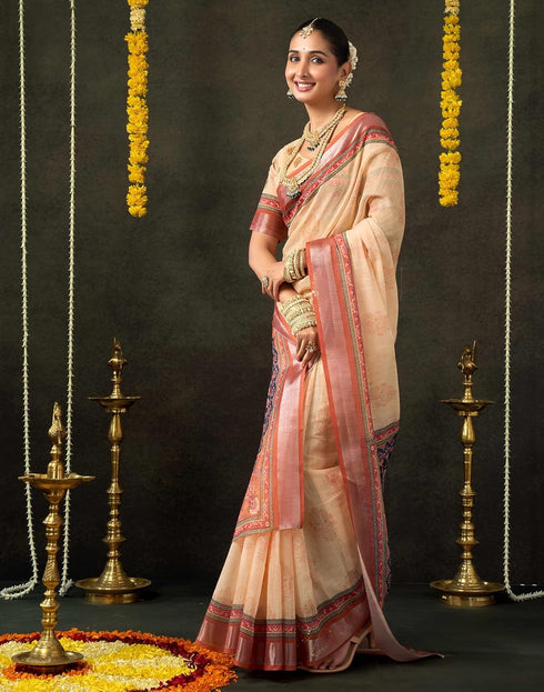 Vasthrlay Special Printed Unstitched Beige Saree