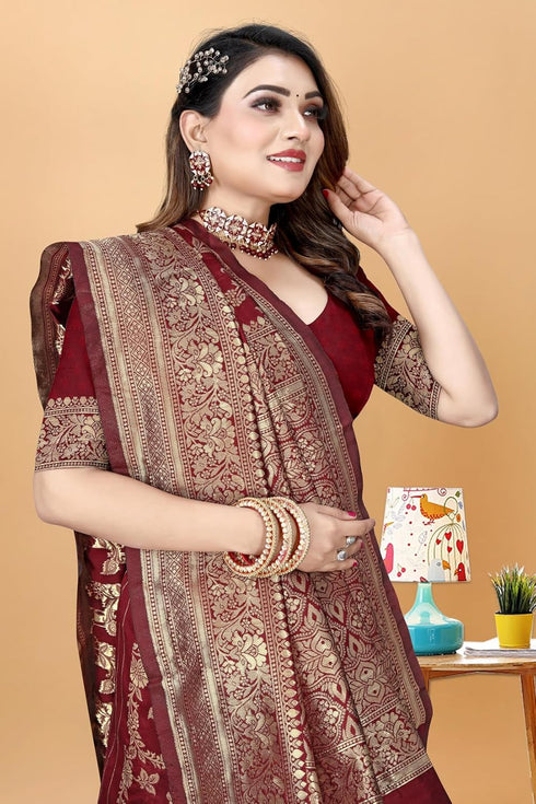 Vsathrlay Saree Kanjivaram Silk Pari Maroon