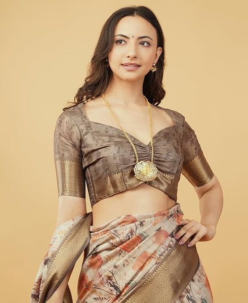 Vasthrlay Cream Rust Abstract Print Polyester Saree With Zari Border And Unstitched Blouse Piece