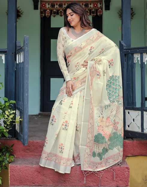 Vasthrlay Womens Printed Beige Saree With Unstitched Blouse Piece