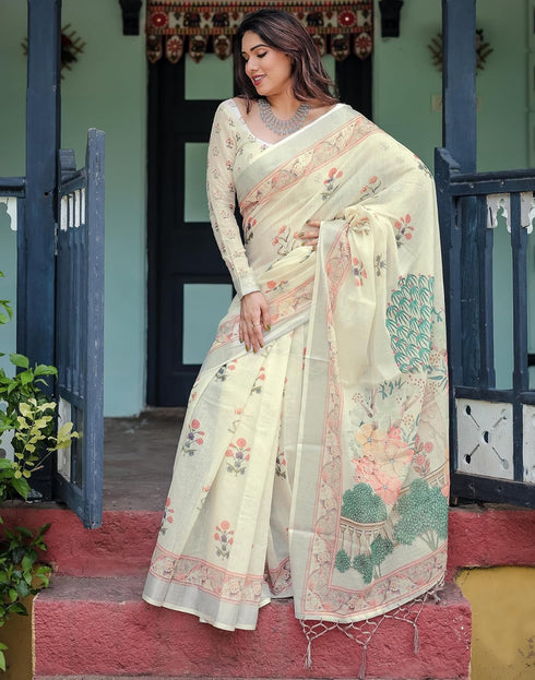 Vasthrlay Womens Printed Unstitched Light Green Saree