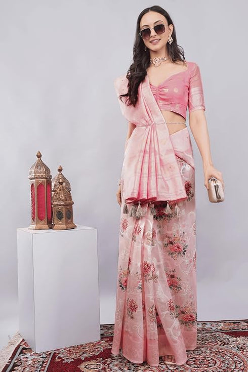 Vasthrlay Pink Floral Print Chanderi Silk Blend Saree With Unstitched Blouse Piece