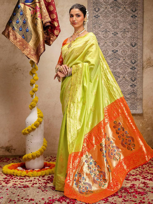 Vasthrlay Weaving Paithani Lime Green Saree With Orange Unstitched Blouse Piece