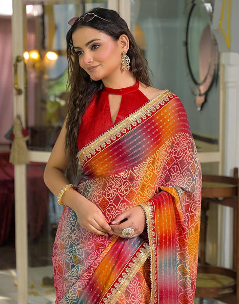 Vasthrlay Bandhani Embroidery Unstitched Yellow Saree