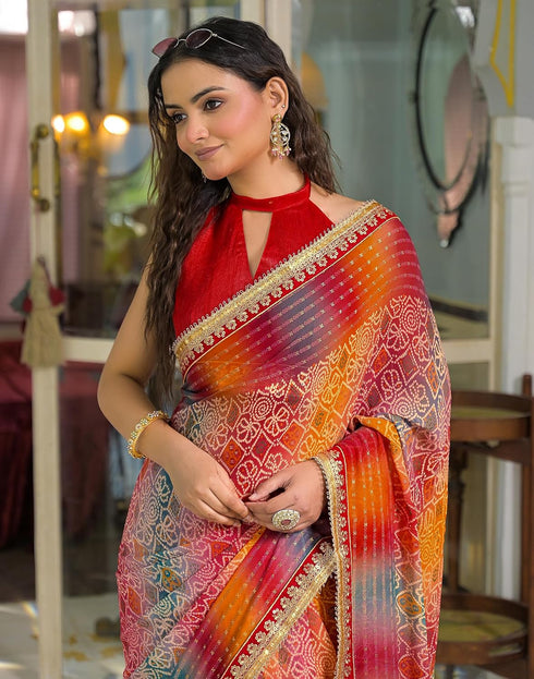Vasthrlay Bandhani Embroidery Multicolour Saree With Red Unstitched Blouse Piece