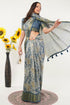 Vasthrlay Slate Blue Patchwork Print Polyester Saree With Zari Border And Unstitched Blouse Piece