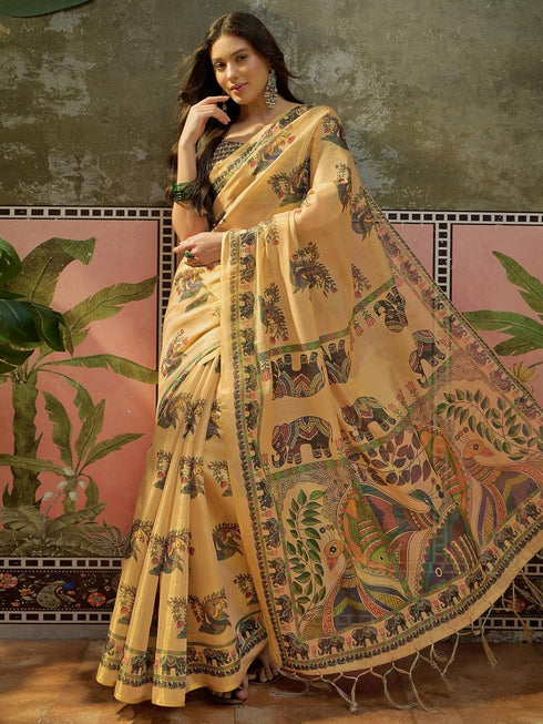 Vasthrlay Shimmer Printed Unstitched Beige Saree