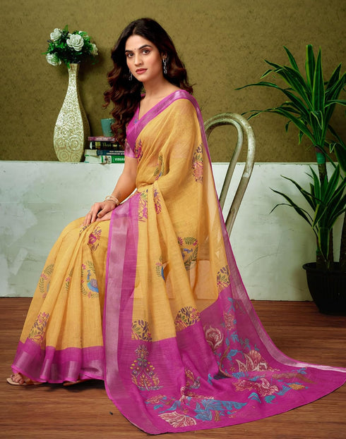 Vasthrlay Womens Cotton Printed Yellow Saree