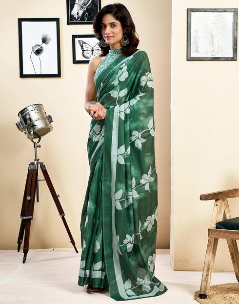 Vasthrlay Womens Printed Unstitched Dark Green Saree