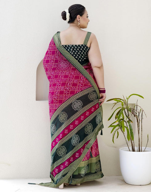 Vasthrlay Chiffon Bandhani Unstitched Pink Saree