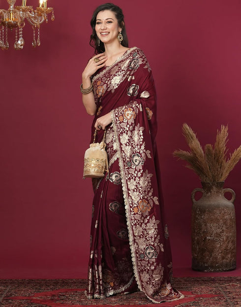 Vasthrlay Kanjivaram Banarasi Unstitched Red Saree