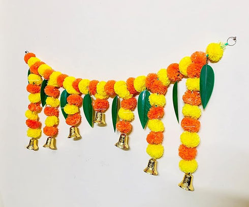Artificial Fluffy Marigold and Mango Leaves with Bells Door Toran