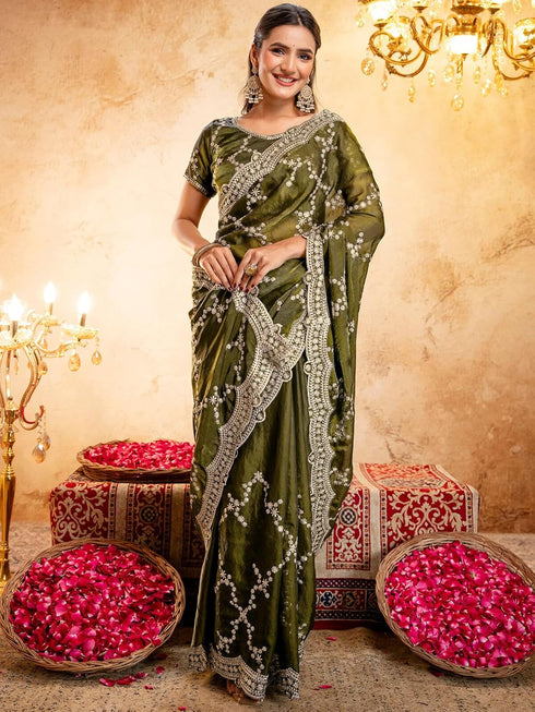 Vasthrlay Scalloped Embroidery Unstitched Light Green Saree