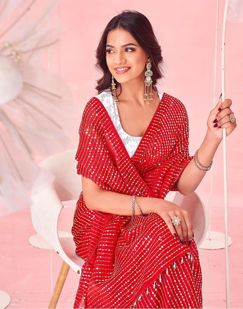 Vasthrlay Georgette Sequins Unstitched Red Saree