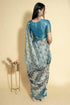 Vasthrlay Silver Grey Geometric Triangle Print Polyester Saree With Muted Gold Zari Border And Teal Blue Ruched Unstitched Blouse Piece