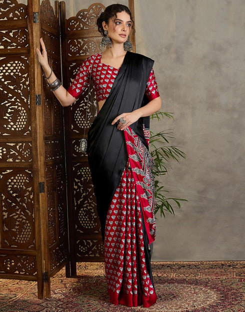 Vasthrlay Printed Tassels Unstitched Maroon Saree