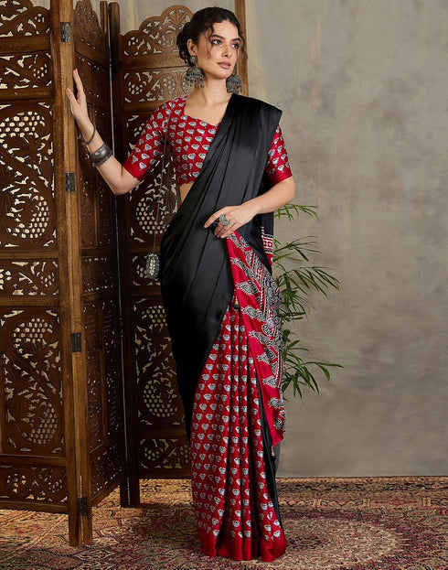 Vasthrlay Printed Tassels Black | Red Saree With Unstitched Blouse Piece