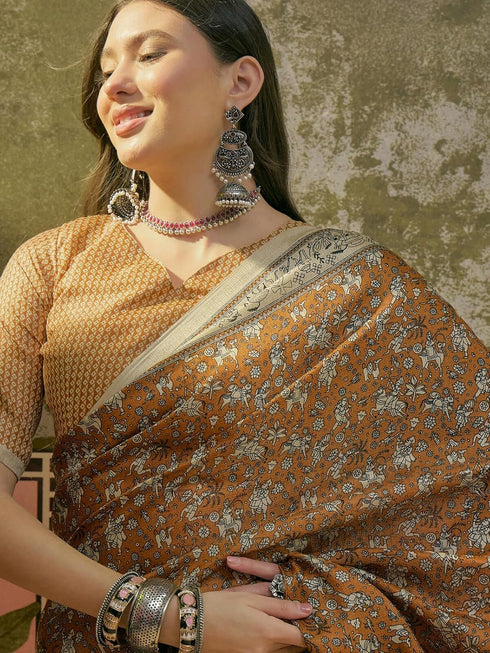 Vasthrlay Womens Printed Unstitched Beige Saree