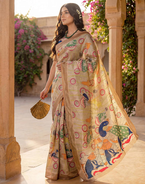 Vasthrlay Banglori Printed Unstitched Peach Saree