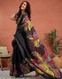 Vasthrlay Womens Printed Black And Yellow Saree With Unstitched Blouse Piece