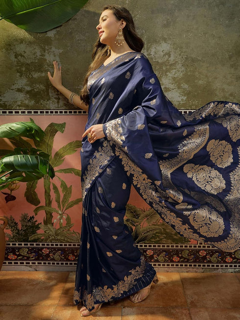Vasthrlay Banarasi Jacquard Unstitched Navy Blue Saree