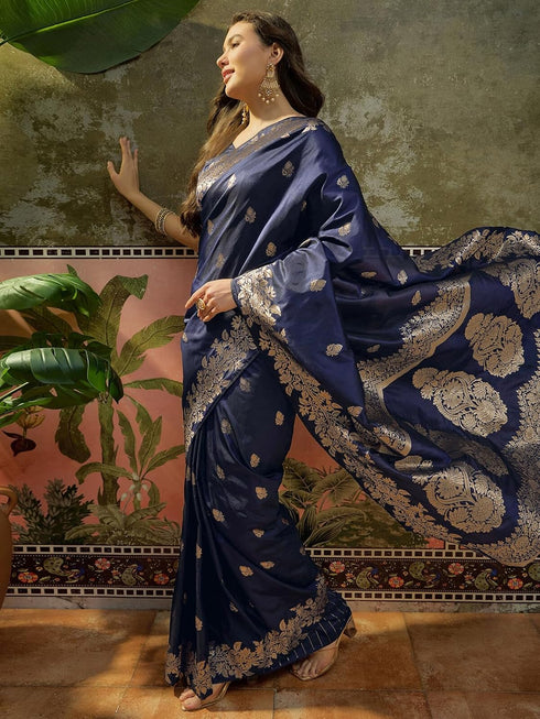 Vasthrlay Banarasi Jacquard Navy Blue Saree With Unstitched Blouse Piece