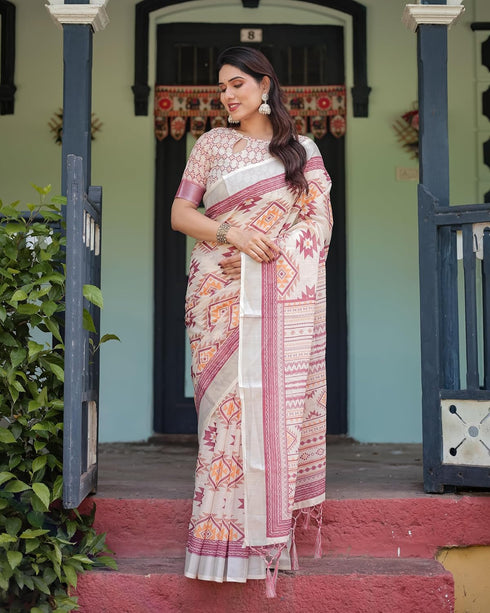 Vasthrlay Handwoven Printed Tasselled Saree
