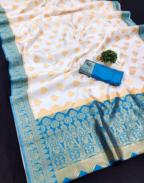 Vasthrlay Banarasi Jacquard Unstitched Beige Saree