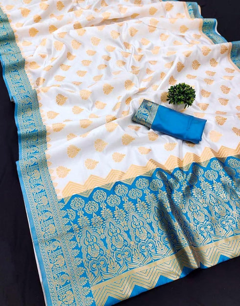 Vasthrlay Banarasi Jacquard Off White Saree With Unstitched Blouse Piece