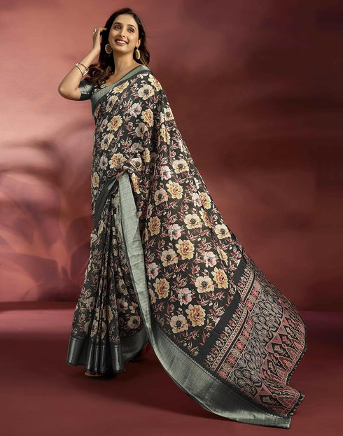 Vasthrlay Banglori Printed Black Saree With Unstitched Blouse Piece