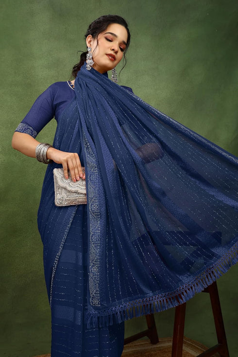 Vasthrlay Fashion Georgette Stripes Navy Ethnic Wear