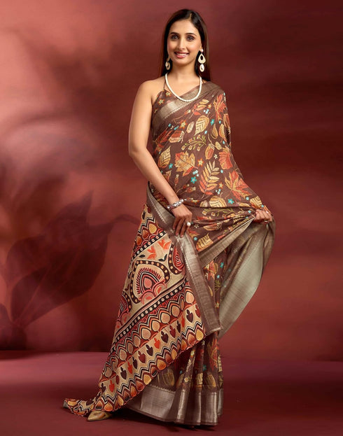 Vasthrlay Printed Jacquard Unstitched Rama Green Saree